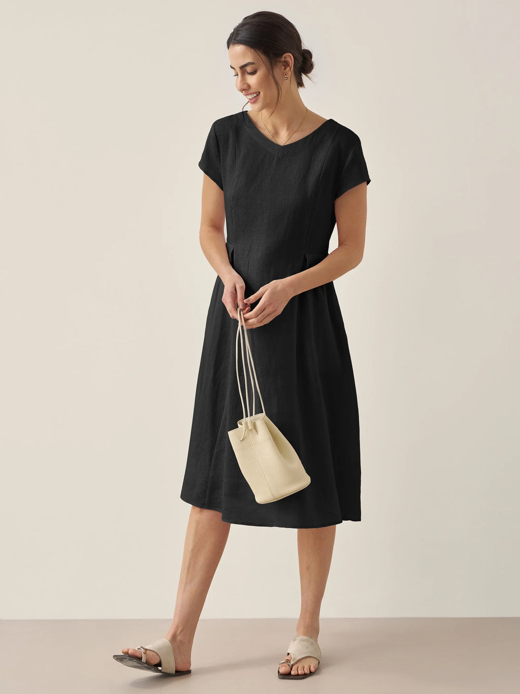 100% Linen Natural Summer V-Neck Dress ALEXA